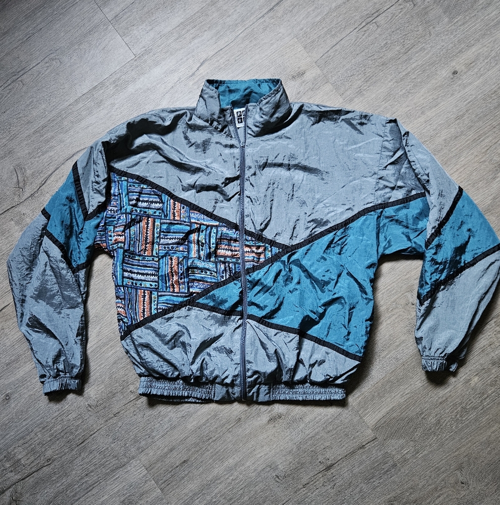 Vintage 80s/90s Active Wear Geometric Windbreaker Sports Track Jacket  - Large